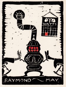 black and white woodcut print of drawing of a potbelly stove. Two pairs of feet, clad in stockings and slippers, are propped up on the stove. The stove door is decorated with a Christmas tree, Calendar labled "Watts" hangs on the wall.